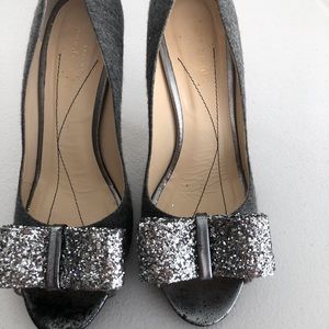 Kate Spade Silver/Grey Glitter Bow Peep Toe Pumps